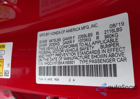 2019 Honda Accord Sport from USA, damaged, VIN 1HGCV1F35KA165501